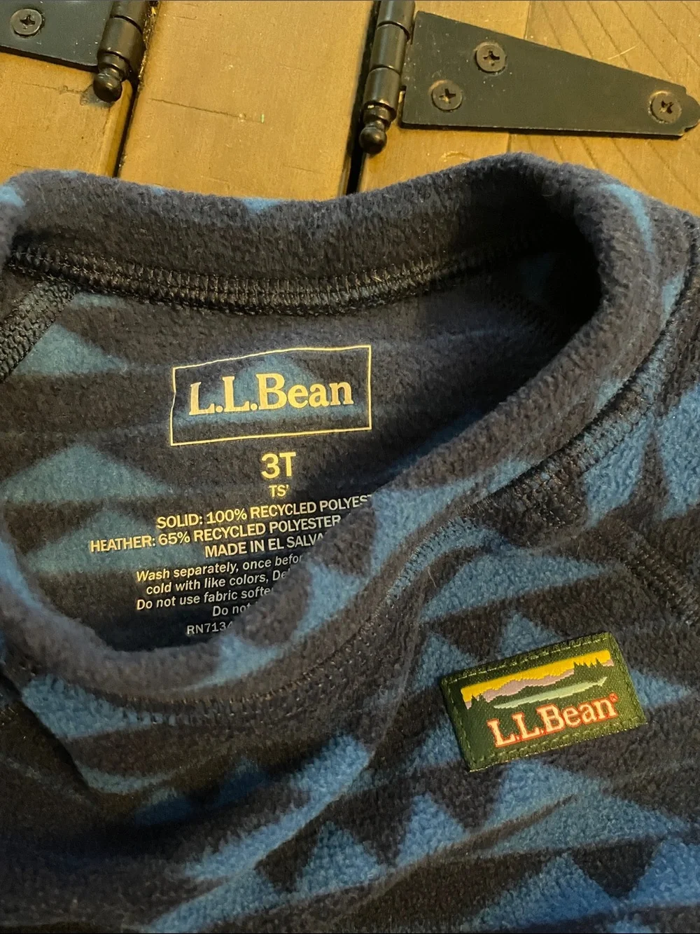 L.L. Bean Blue and Navy Geometric Fleece Top